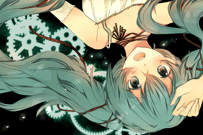 :o, aqua_eyes, aqua_hair, bad_id, detached_sleeves, dress, face, hair_ribbon, hatsune_miku, komine, lolita_fashion, long_hair, open_mouth, ribbon, solo, twintails, upside-down, vocaloid, yami-iro_alice_(vocaloid)