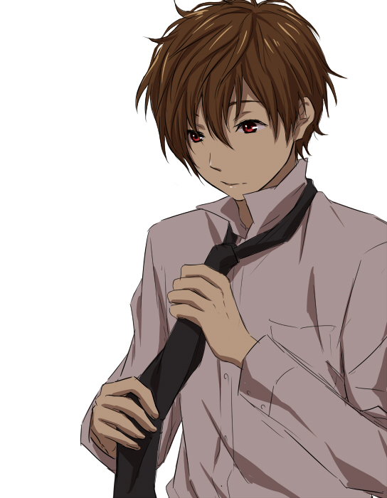 1boy, adjusting_necktie, brown_hair, hyouka, kugayama_muneyoshi, male, necktie, red_eyes