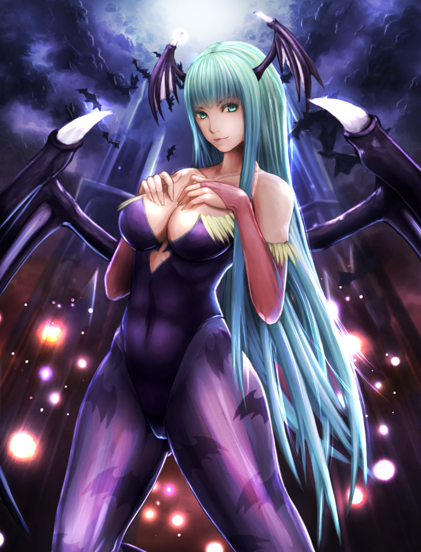 1girl, bare_shoulders, bat, bat_print, bat_wings, breasts, bridal_gauntlets, capcom