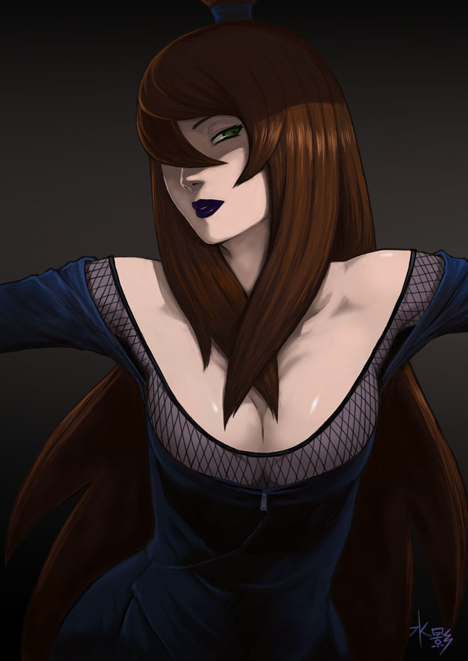 brown_hair, cleavage, green_eyes, hair_over_one_eye, large_breasts, lipstick, long_hair, mizukage, naruto, naughty_face, terumi_mei, yuasa