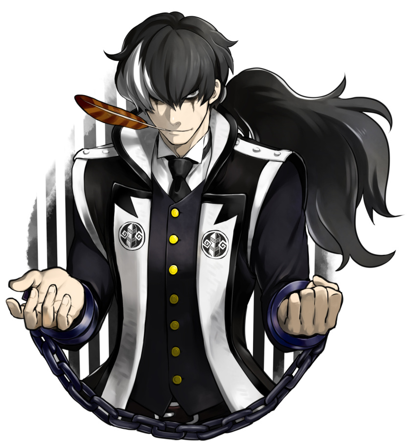 1boy, black_hair, cuffs, feathers, gyakuten_saiban, hair_over_one_eye, handcuffs, highres, jacket, long_hair, male, mikami, mouth_hold, multicolored_hair, necktie, ponytail, solo, two-tone_hair, white_hair, yuugami_jin