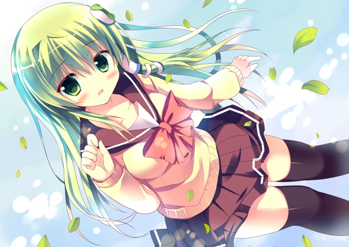 azumi_kazuki, black_legwear, blush, bow, frog, green_eyes, green_hair, kaze_(kazesan)