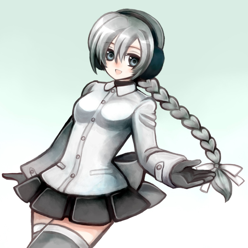 coat, earmuffs, gloves, grey_eyes, hair_ribbon, highres, long_hair, ponytail
