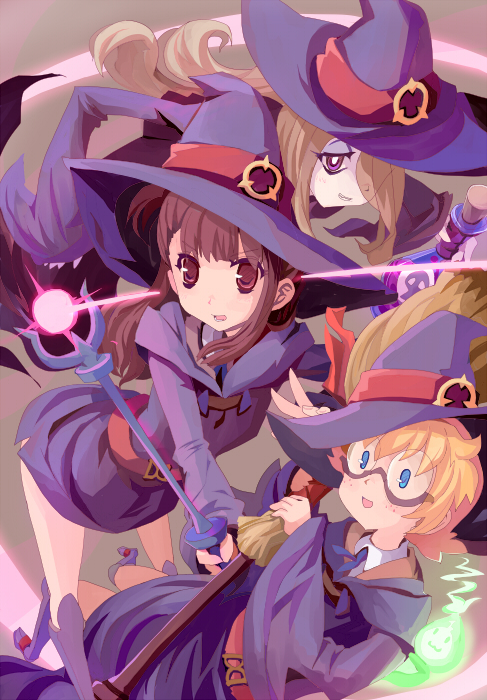 3girls, akko_kagari, blue_eyes, bottle, broom, brown_eyes, brown_hair, freckles, glasses, hat, little_witch_academia, long_hair, lotte_yanson, multiple_girls, orange_hair, rudorufu, short_hair, sucy_manbabalan, violet_eyes, wand, wide_sleeves, witch_hat