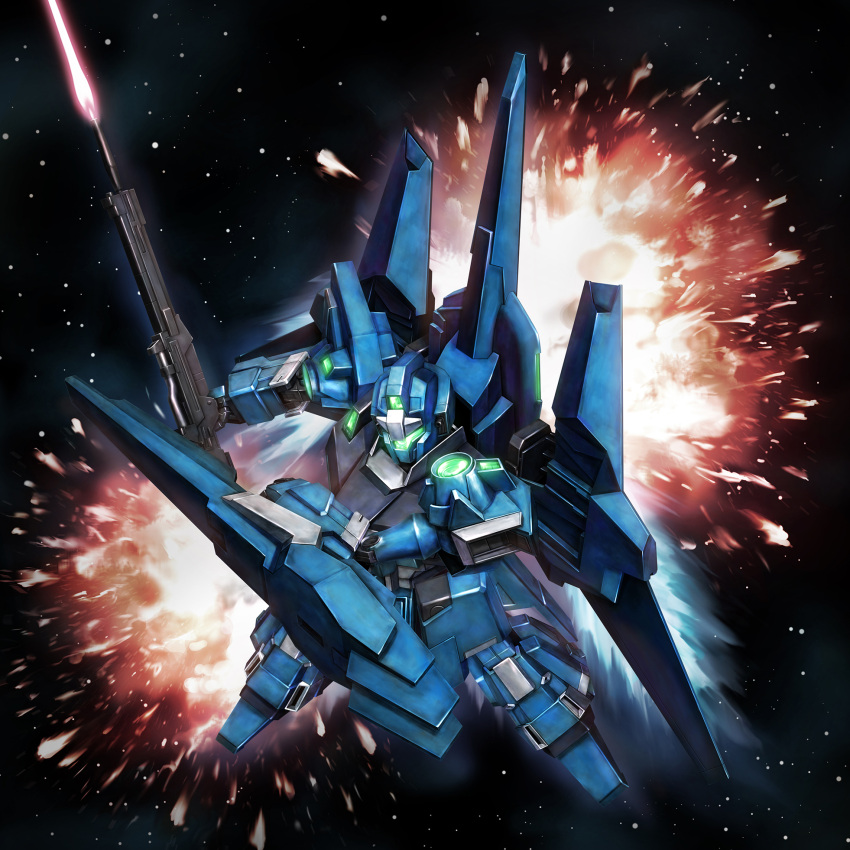 beam_rifle, energy_sword, explosion, glowing, gun, gundam, gundam_unicorn, highres, mecha, no_humans, rezel, shield, solo, space, sword, weapon, yoshinobuta