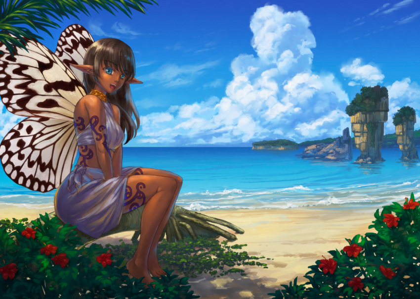 1girl, barefoot, beach, blue_eyes, brown_hair, butterfly_wings, dark_skin, flower, genshi, happy, long_hair, ocean, original, pointy_ears, sitting, sky, solo, tattoo, water, wings