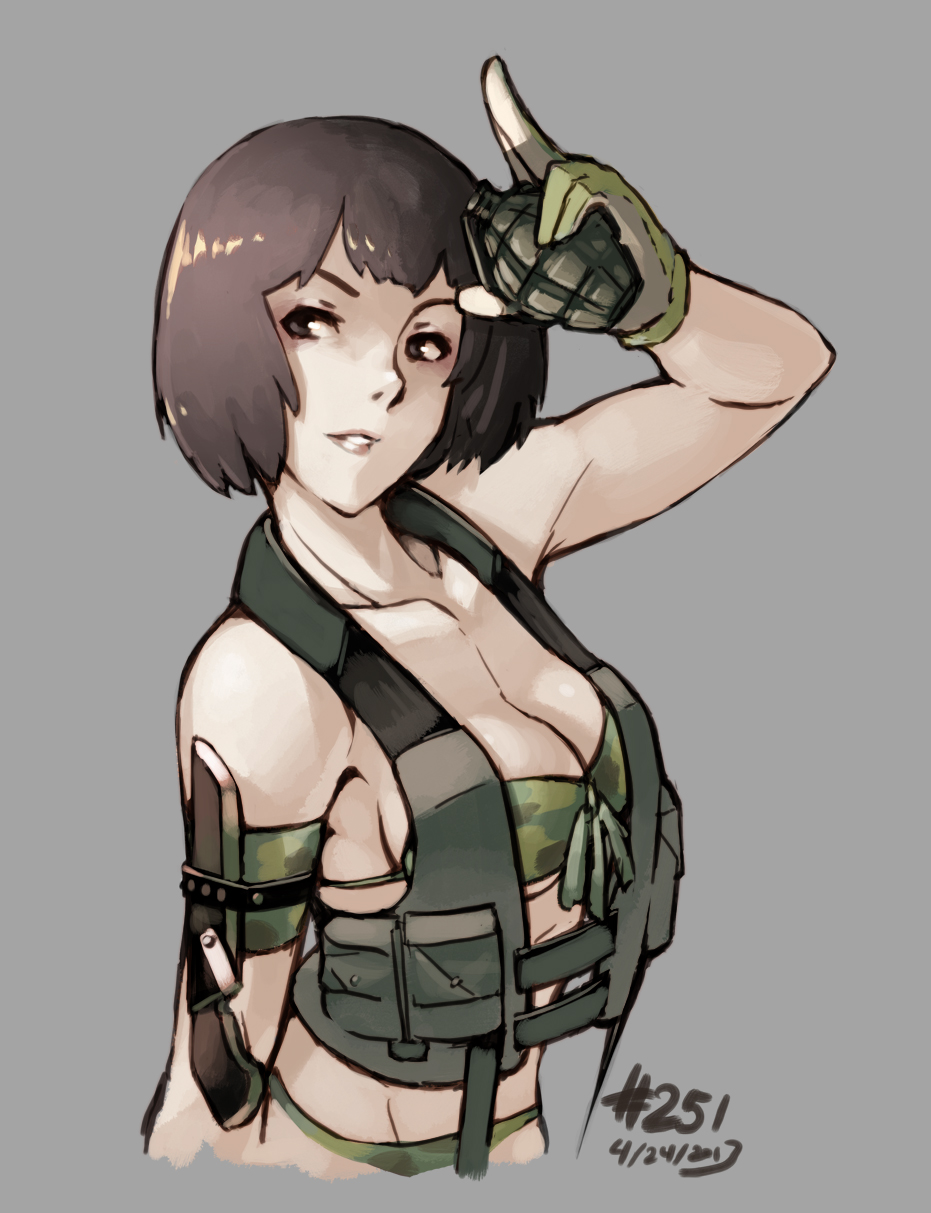 1girl, armband, bikini, black_hair, breasts, bust, cleavage, dated, explosive, gloves, grenade, highres, holly_summers, holster, junkpuyo, knife, load_bearing_vest, no_more_heroes, salute, short_hair, simple_background, solo, swimsuit, under_boob