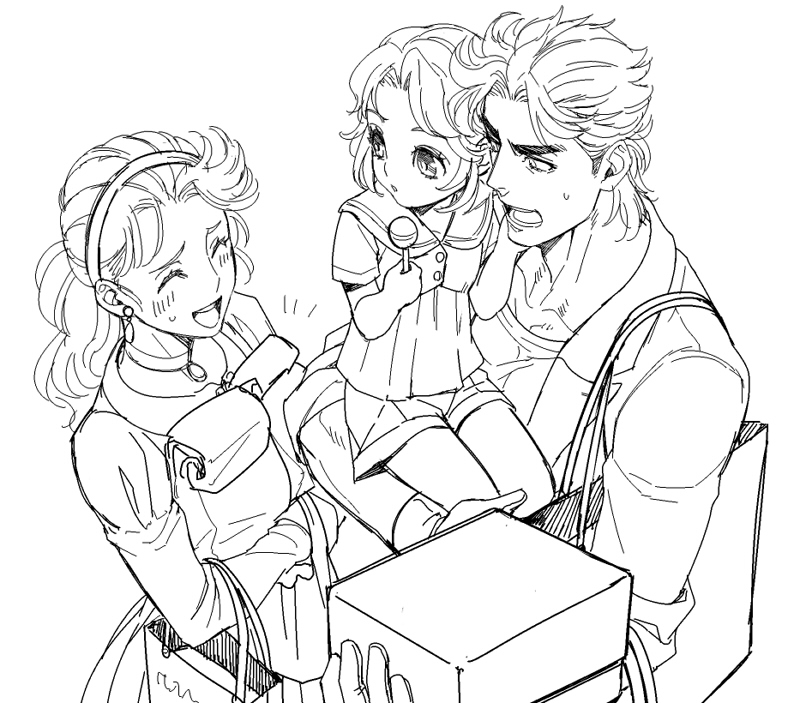 1boy, 2girls, bag, child, family, father_and_daughter, jojo_no_kimyou_na_bouken, joseph_joestar_(young)