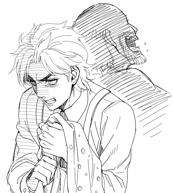 2boys, beard, dario_brando, dio_brando, dress, facial_hair, father_and_son, jojo_no_kimyou_na_bouken, kuren, monochrome, multiple_boys, young