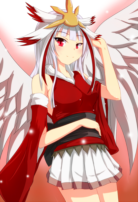 1girl, bare_shoulders, beatmania, blush, gamachi, hair_ornament, houou_rinka, looking_at_viewer, red_eyes, skirt, smile, solo, white_hair, wings