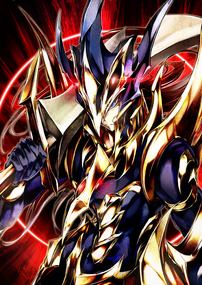 1boy, armor, black_luster_soldier_envoy_of_the_beginning, blue_eyes, duel_monster, kanaria_(fuusenkazura), long_hair, looking_at_viewer, red_eyes, redhead, solo, sword, weapon, yuu-gi-ou