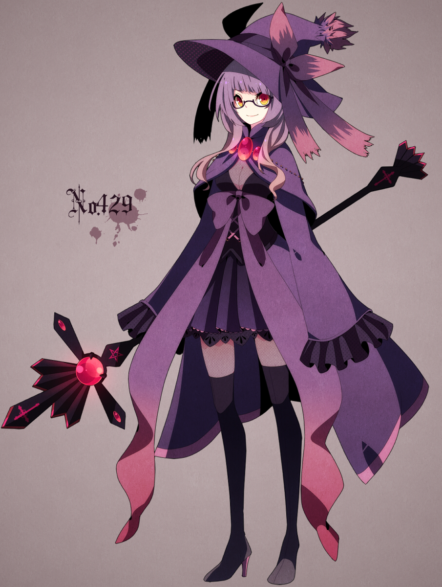 1girl, bow, breasts, cleavage, glasses, gradient_hair, high_heels, highres, looking_at_viewer, merlusa, mismagius, multicolored_hair, personification, pink_hair, pokemon, purple_hair, shoes, simple_background, smile, solo, staff, standing, tagme, thigh-highs, two-tone_hair, with_hat, yellow_eyes