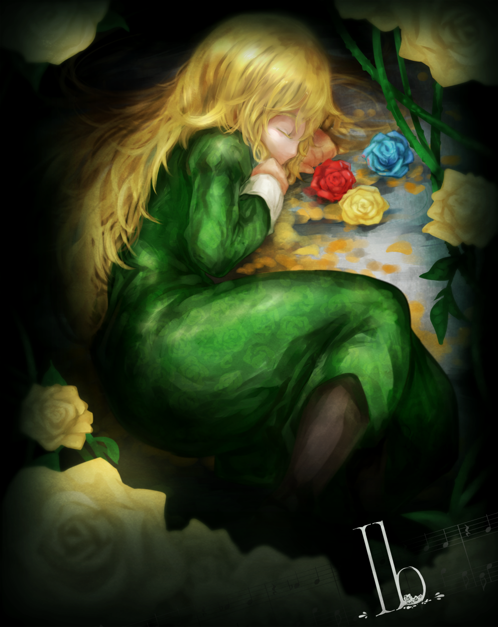 1girl, blonde_hair, blue_rose, closed_eyes, dress, flower, highres, ib, long_hair, mary_(ib), mimit, musical_note, petals, red_rose, rose, sleeping, solo, title_drop, yellow_rose