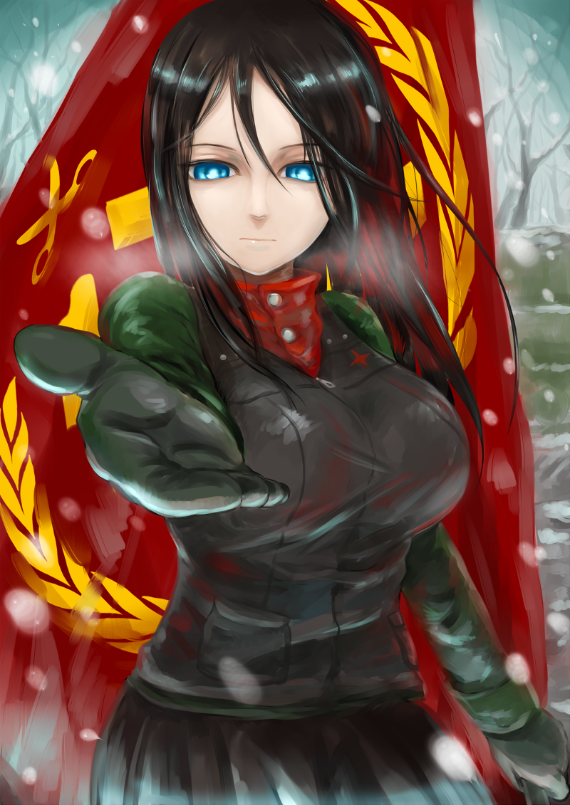 1girl, black_hair, blue_eyes, breasts, flag, girls_und_panzer, gloves, large_breasts
