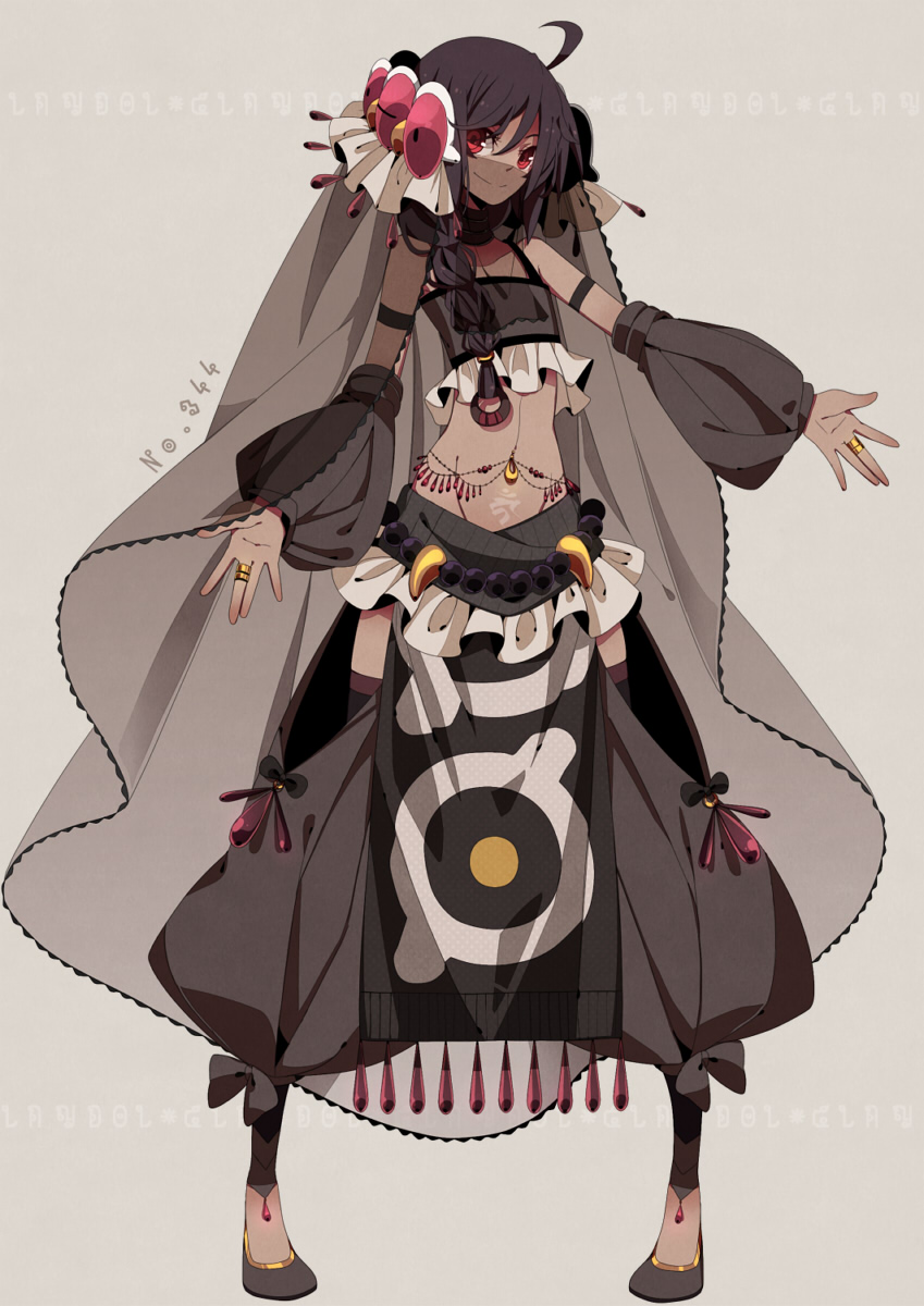 1girl, ahoge, black_hair, braid, character_name, claydol, flat_chest, grey_background