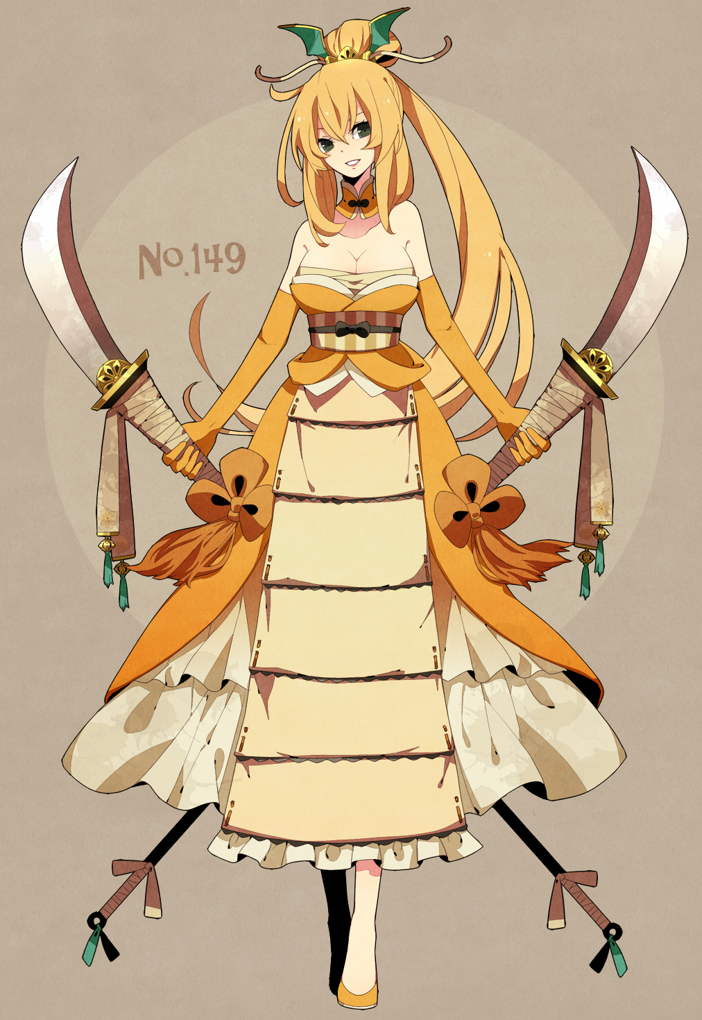 1girl, bare_shoulders, breasts, cleavage, dragonite, dress, dual-wielding, elbow_gloves