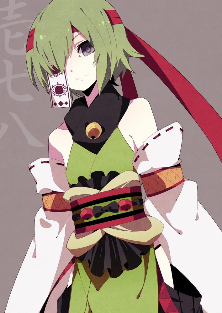 1girl, bare_shoulders, detached_sleeves, green_hair, grey_eyes, hair_over_one_eyes, headband, looking_at_viewer