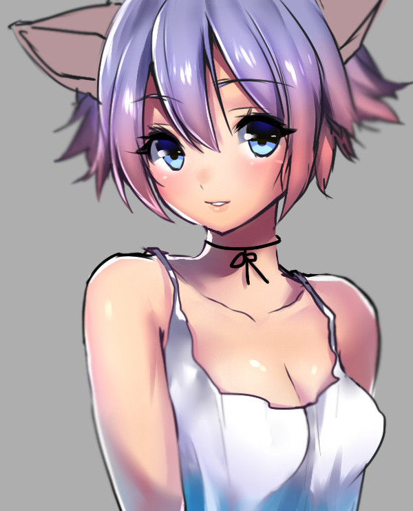 1girl, animal_ears, blue_eyes, blurry, breasts, camisole, cat_ears, choker