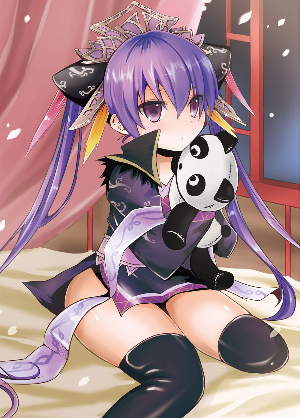 1girl, amami_reiko, bed, black_legwear, headdress, highres, long_hair, purple_hair