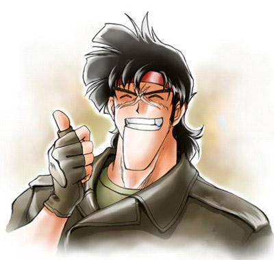 1boy, bean_bandit, black_hair, closed_eyes, fingerless_gloves, gloves, grin, headband