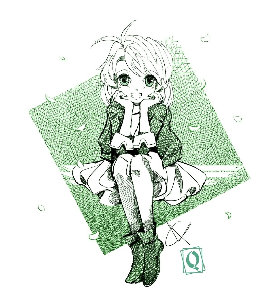 1girl, bad_id, bad_pixiv_id, chin_rest, green, grin, gunsmith_cats, minnie_may_hopkins, monochrome, petals, qsan90, short_hair, sitting, skirt, smile, solo