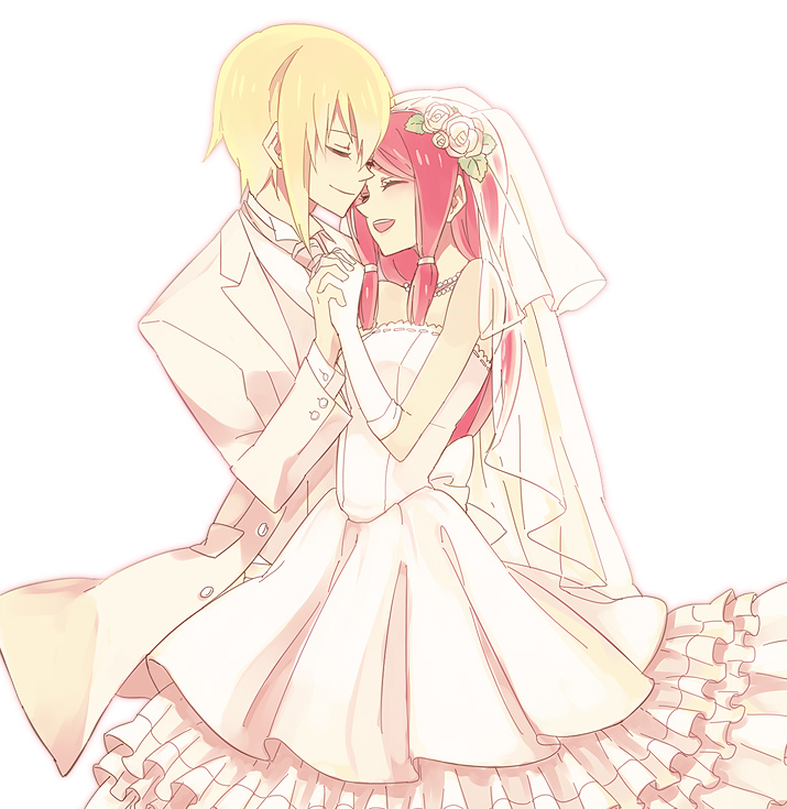 1boy, 1girl, alternate_costume, bare_shoulders, blazblue, blonde_hair, closed_eyes, dress