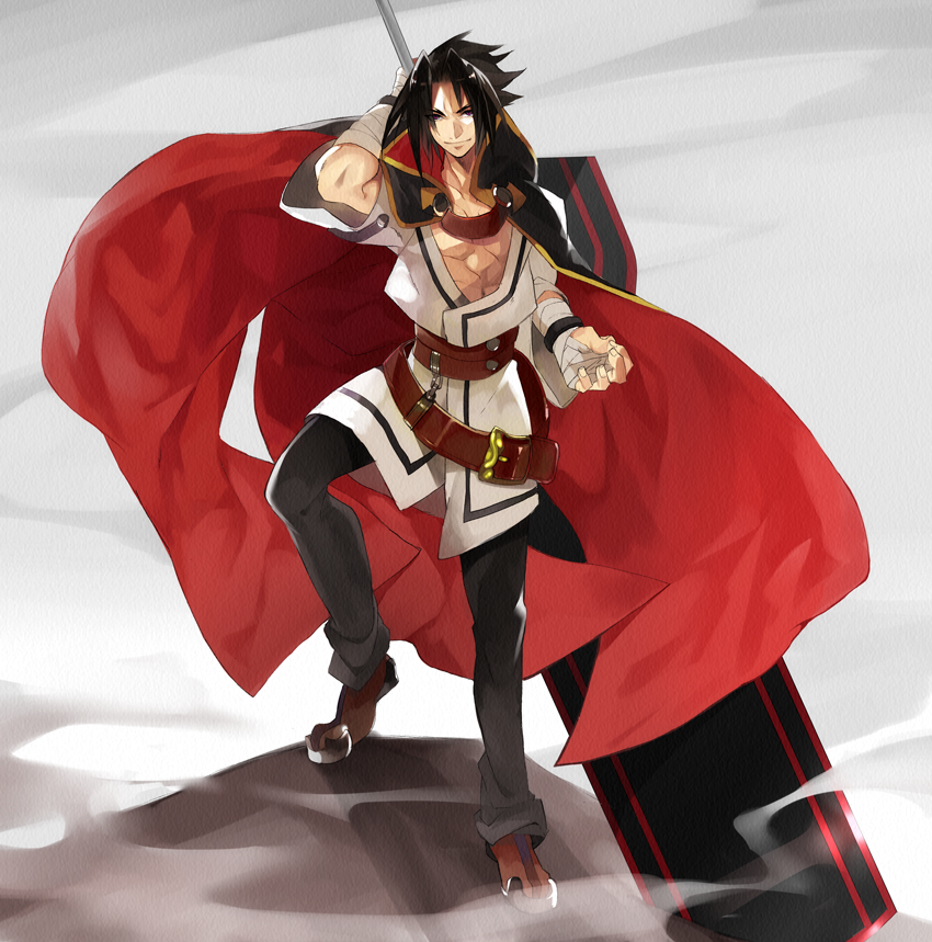 1boy, bandages, belt, black_hair, blazblue, blazblue:_chrono_phantasma, cape, huge_weapon