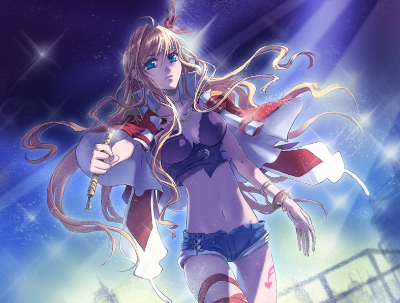 blue_eyes, denim, denim_shorts, kuni_honori, kunimoto_ori, long_hair, macross, macross_frontier, macross_frontier:_itsuwari_no_utahime, macross_frontier:_the_false_diva, microphone, midriff, sheryl_nome, short_shorts, shorts