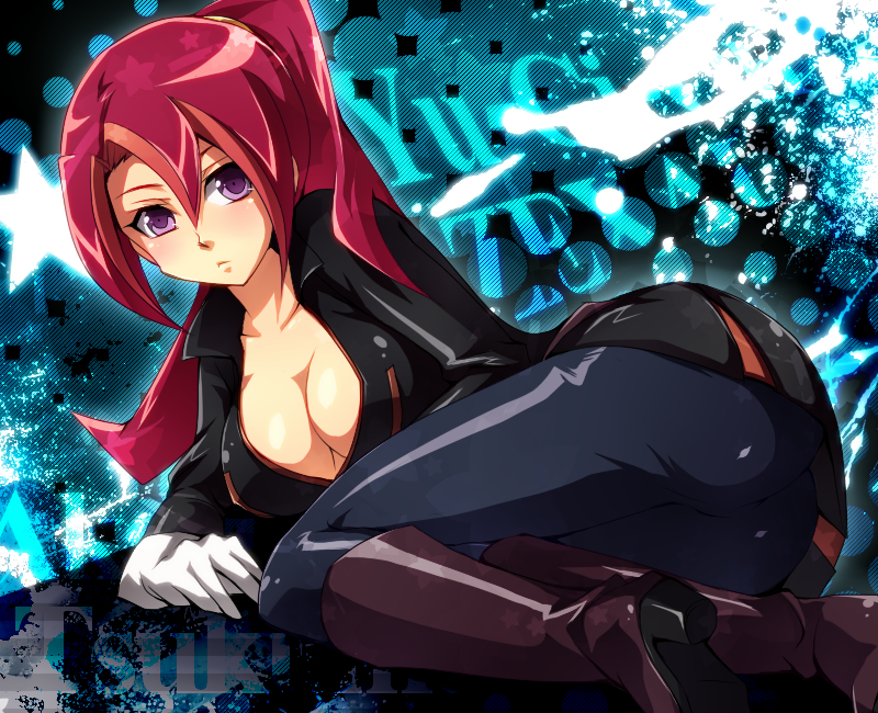 1girl, ass, blush, boots, breasts, center_opening, character_name, cleavage