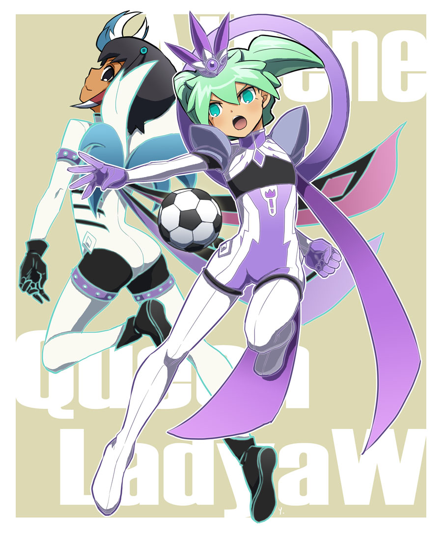2boys, ball, boots, fei_rune, gloves, green_eyes, green_hair, hair_ornament