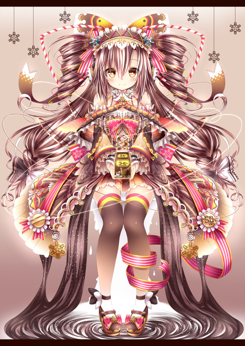 1girl, absurdres, bow, brown_eyes, brown_hair, brown_legwear, carton, chabaneko