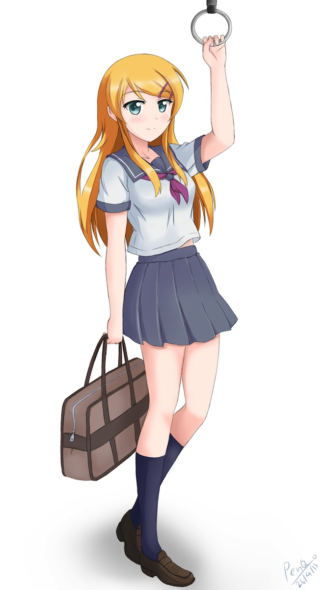 1girl, arm_up, bag, blonde_hair, blue_eyes, highres, kousaka_kirino, long_hair