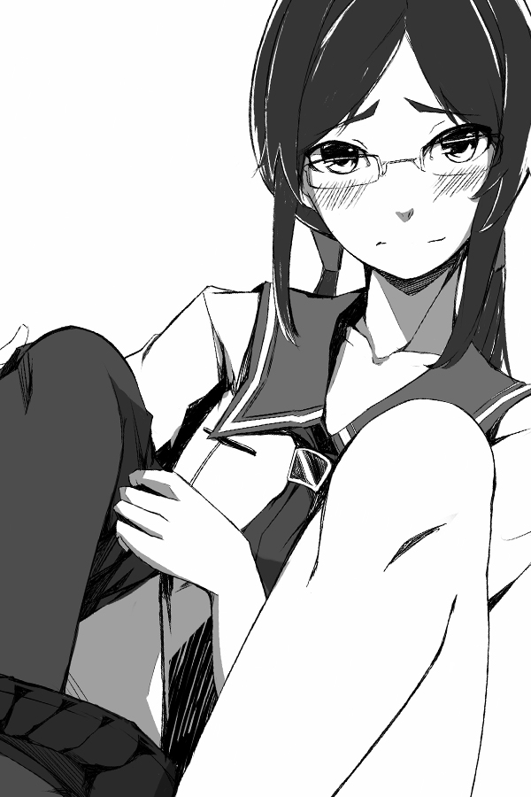 1girl, blush, collarbone, el-f, glasses, long_hair, monochrome, muroto_aki