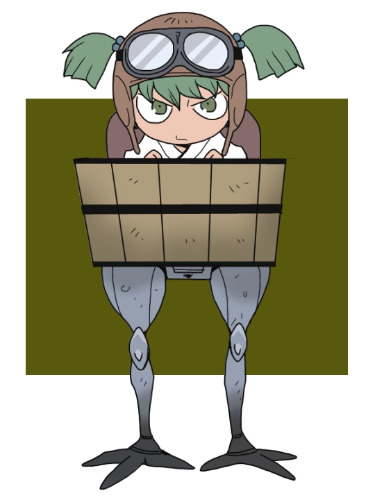 1girl, bigdog, bucket, goggles_on_hat, green_eyes, green_hair, hair_bobbles, hair_ornament