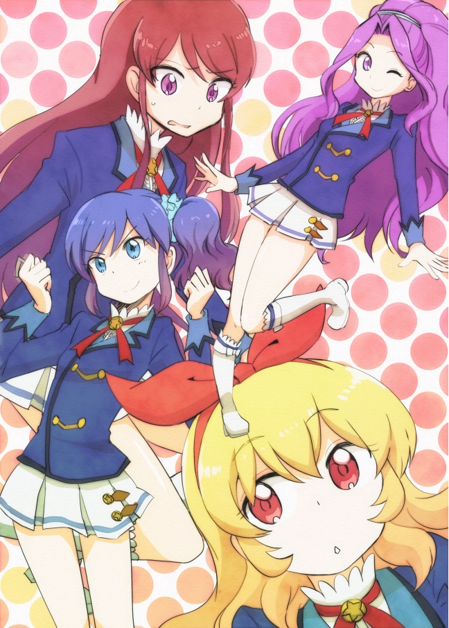 aikatsu!, blonde_hair, blue_eyes, blue_hair, boots, hair_intakes, hair_ribbon, hitaishou_chiritori, hoshimiya_ichigo, kanzaki_mizuki, kiriya_aoi, knee_boots, long_hair, open_mouth, purple_hair, red_eyes, redhead, ribbon, school_uniform, shibuki_ran, side_ponytail, skirt, smile, violet_eyes, wide_ponytail, wink