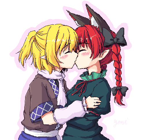 2girls, animal_ears, arm_warmers, blonde_hair, blush, bow, braid, cat_ears