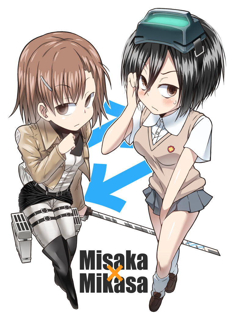 black_hair, boots, brown_eyes, brown_hair, cosplay, costume_switch, gogiga_gagagigo, hair_ornament, hairpin, head_mounted_display, mikasa_ackerman, mikasa_ackerman_(cosplay), misaka_imouto, misaka_imouto_(cosplay), school_uniform, shingeki_no_kyojin, skirt, sword, to_aru_kagaku_no_railgun, to_aru_majutsu_no_index, weapon