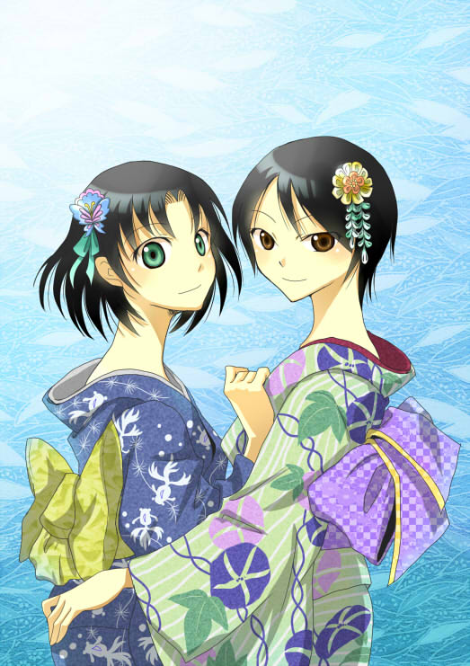 2girls, aqua_eyes, black_eyes, black_hair, bust, hair_ornament, japanese_clothes, kimono