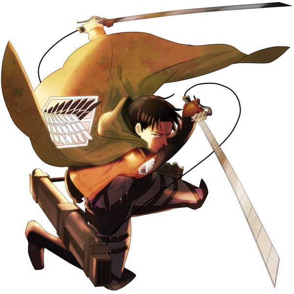 1boy, black_eyes, black_hair, boots, cape, dual_wielding, jacket, rivaille, scarf, shingeki_no_kyojin, solo, suzukingyo, sword, thigh_strap, weapon