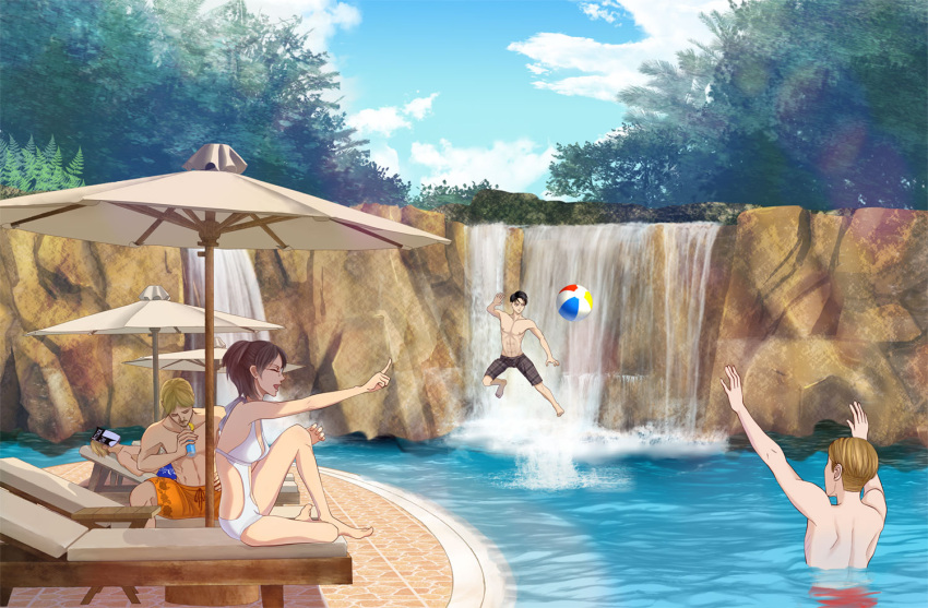 1girl, 4boys, ball, beach_chair, beachball, bikini, black_hair, blonde_hair