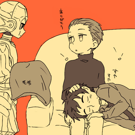 3boys, android, blanket, couch, elijah_baley, kurosuke_(nora), lap_pillow, lowres