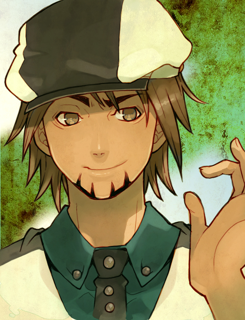 1boy, brown_eyes, brown_hair, cabbie_hat, facial_hair, hat, kaburagi_t_kotetsu, kuzuno_ha