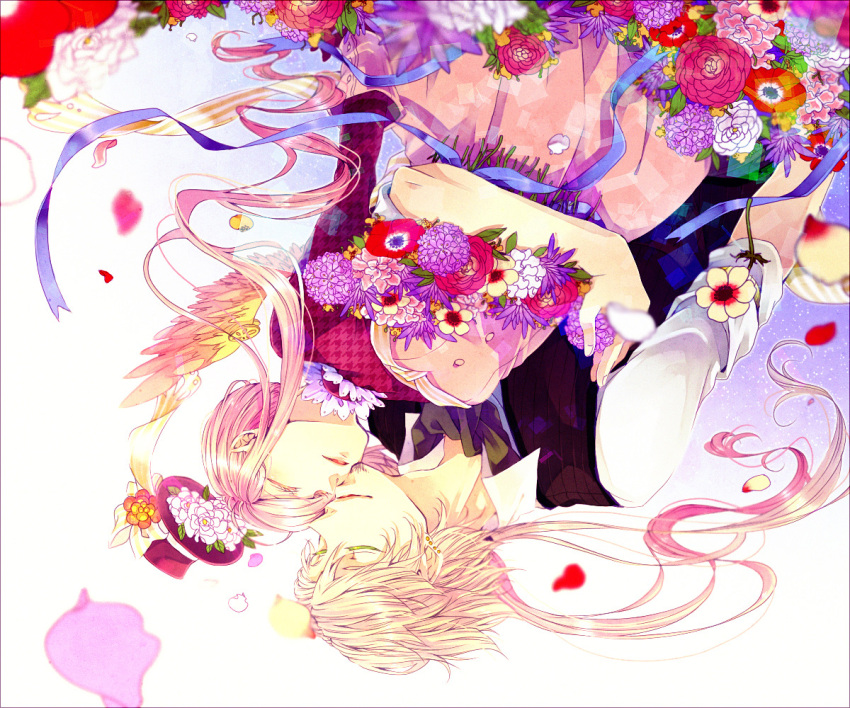 1boy, 1girl, beard, blonde_hair, bouquet, closed_eyes, couple, dress