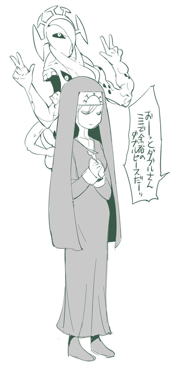 1girl, closed_eyes, double_(skullgirls), double_v, extra_mouth, habit, monochrome, monster