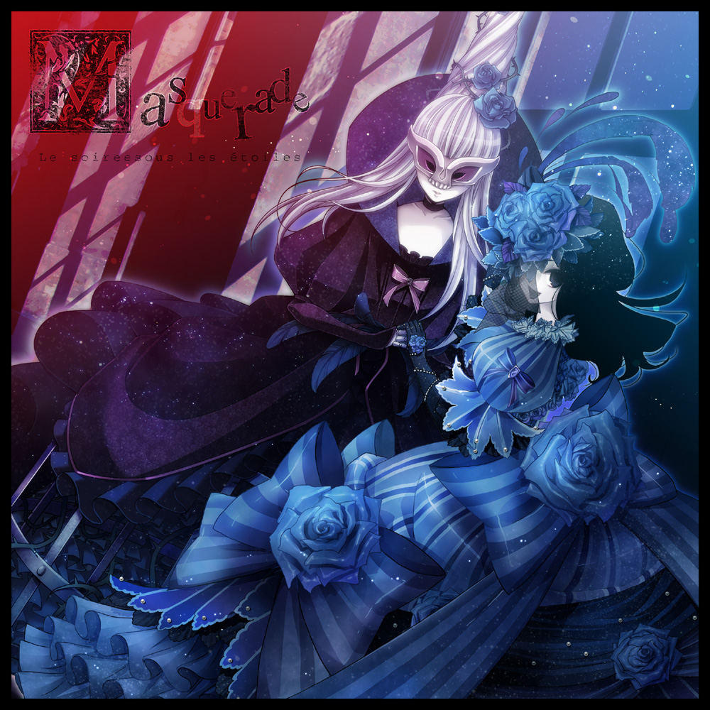 1boy, 1girl, beret, black_hair, blue_rose, crossdressinging, dress, feathers