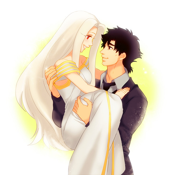 1boy, 1girl, amakura_(am_as), black_eyes, black_hair, bridal_carry, couple, emiya_kiritsugu, fate/zero, fate_(series), husband_and_wife, irisviel_von_einzbern, long_hair, red_eyes, white_hair