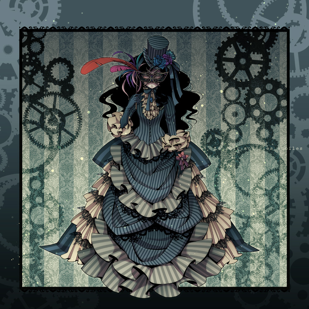1girl, dress, feathers, flower, frills, gloves, hat, marie-ange
