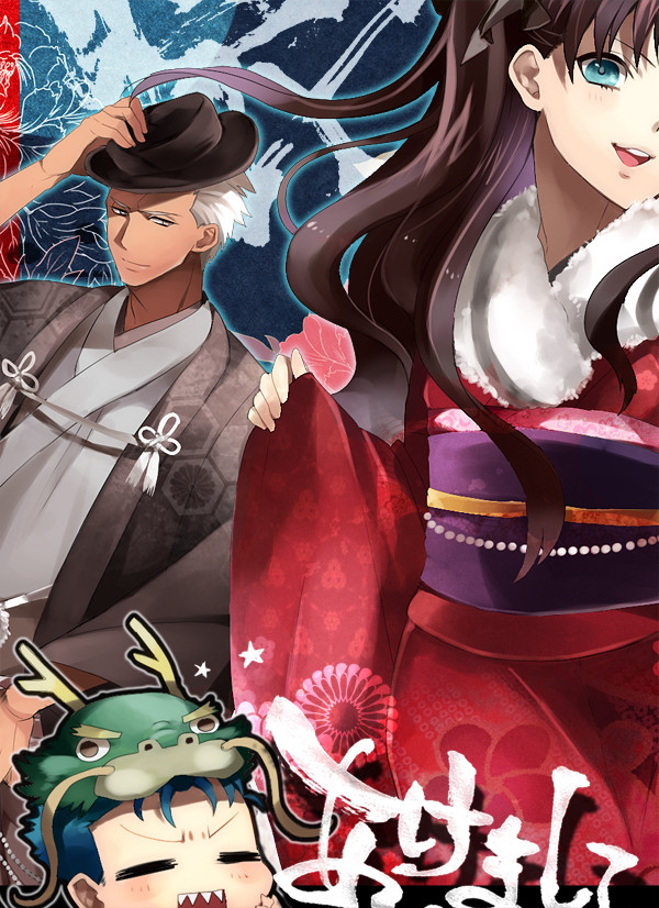 animal_hat, archer, blue_eyes, blue_hair, brown_hair, chibi, dark_skin, dragon_hat