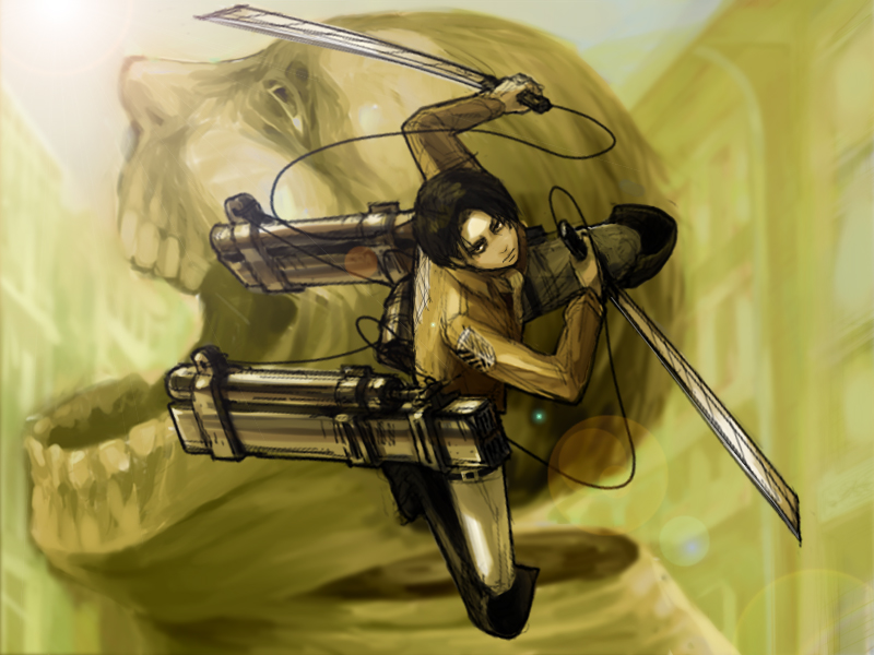 1boy, black_eyes, black_hair, boots, dual_wielding, jacket, monster, rivaille
