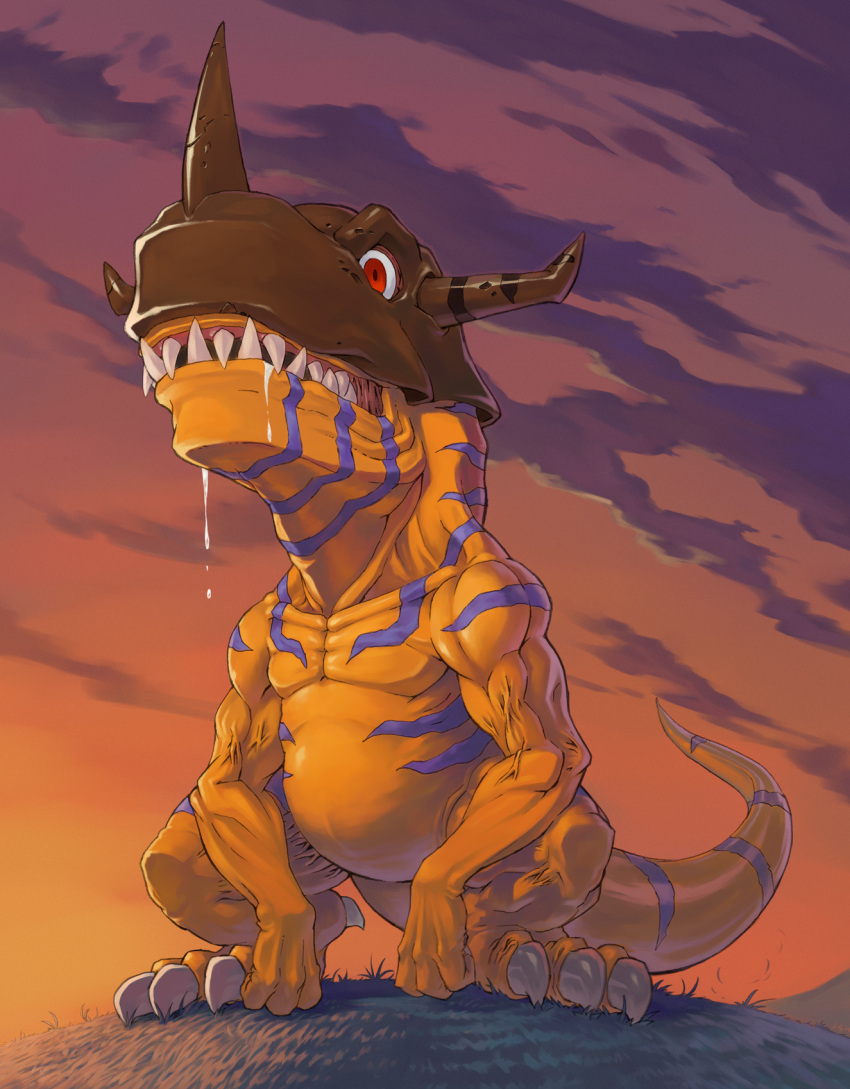 claws, clouds, digimon, digimon_adventure, greymon, highres, hill, horns